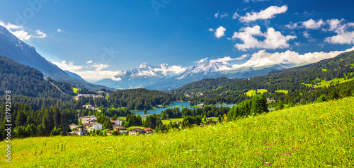 Panorama View to Lenzerheide village with Haidisee, Arose Rothorn and Swiss Alps. Lenzerheide is a mountain resort in canton Graubunden, Switzerland.  photo
