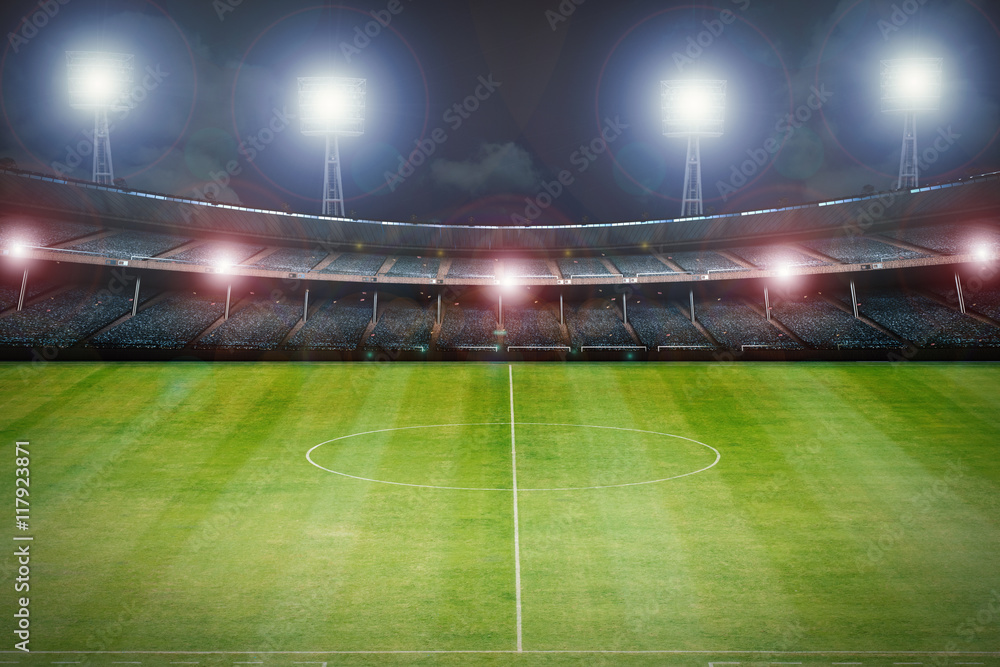Naklejka premium 3d rendering pusty stadion z boiskiem do piłki nożnej