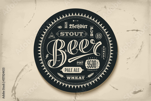 Coaster for beer with hand drawn lettering. Monochrome vintage drawing for bar, pub and beer themes. Black circle for placing a beer mug or a beer bottle over it with lettering for beer theme. Vector