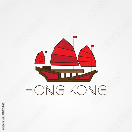 Tourist junk the symbol of gonkong harbour. Modern linear minimalist icon. One line concept