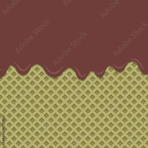 Flowing chocolate melt on green tea wafer background.