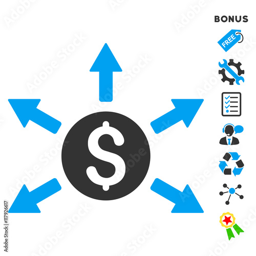 Cashout icon with bonus pictograms. Vector illustration style is flat iconic bicolor symbols, blue and gray colors, white background, rounded angles.