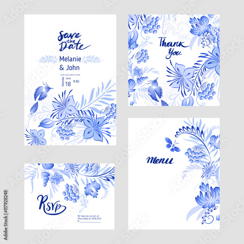 Fototapeta Naklejka Na Ścianę i Meble -  Set of blue flowers and bird