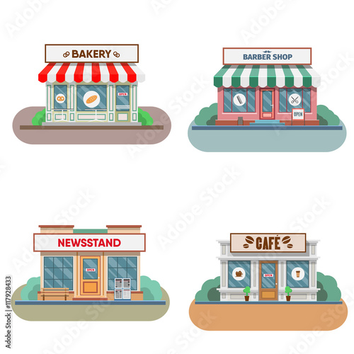 Flower shop, laundry, barber , bakery, newsstand, cafe facade in the town.