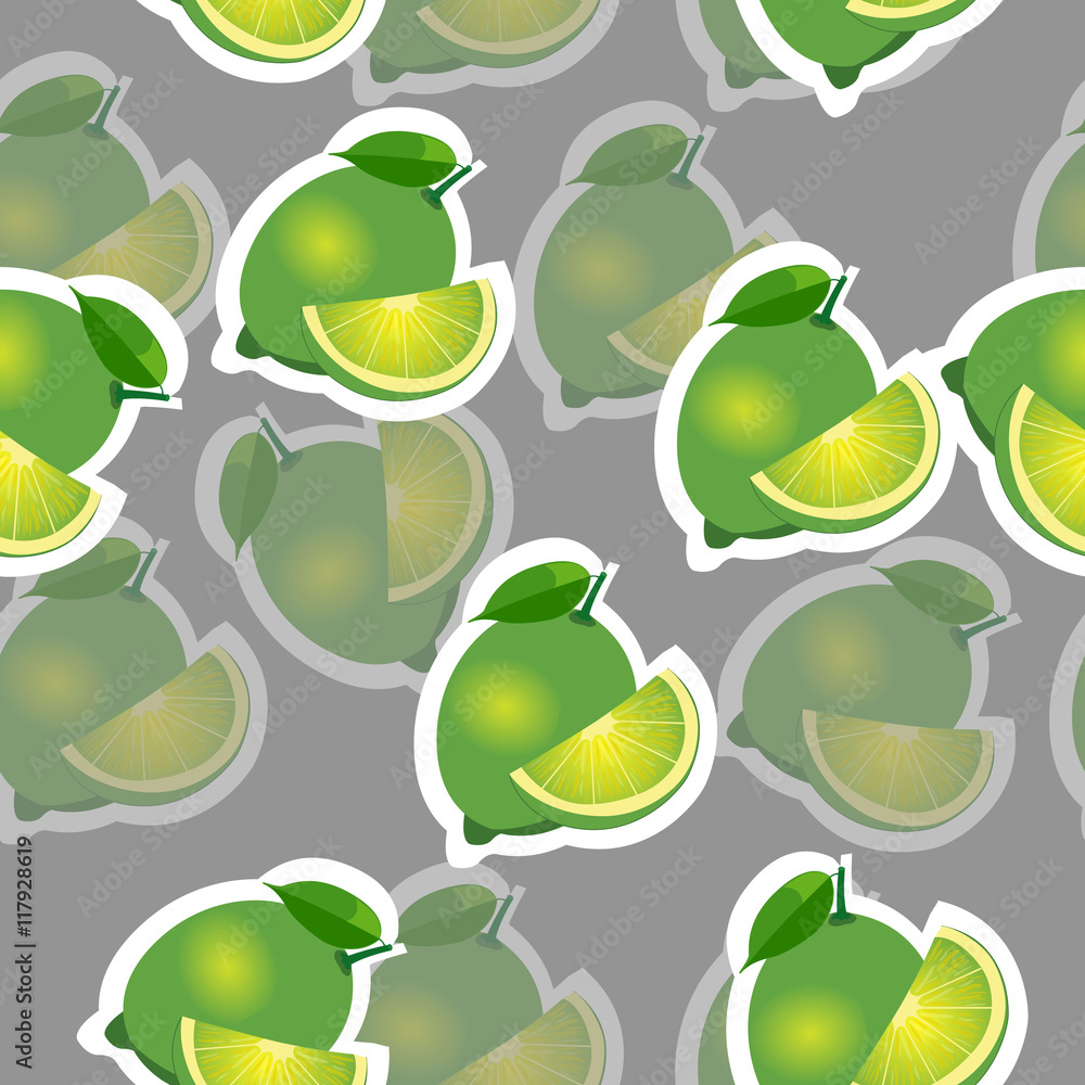 Pattern. lime and leaves and slises same sizes on gray background. Transparency lime. Pattern. lime and leaves and slises same sizes on gray background. Transparency lime.