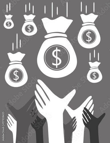 Bags of money with dollar signs dropping from the sky into hands that are reaching out for a share of the wealth 