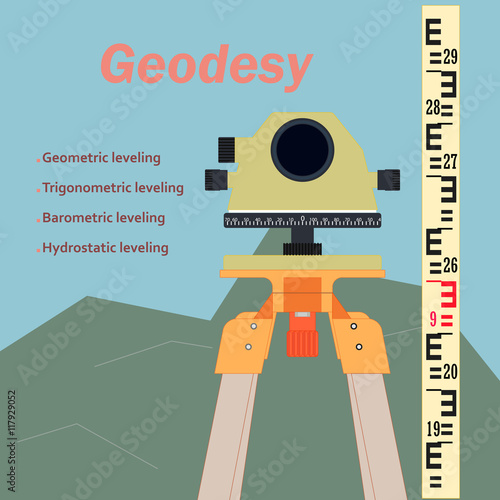The geodetic device. Topography in construction. The background image of construction. The measuring device in construction.