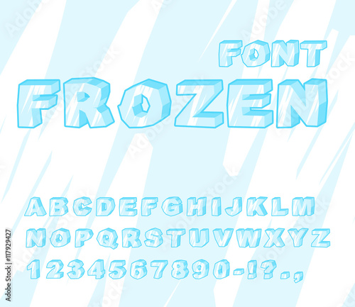 Frozen font. Ice alphabet. Transparent ABC. Cold blue letters