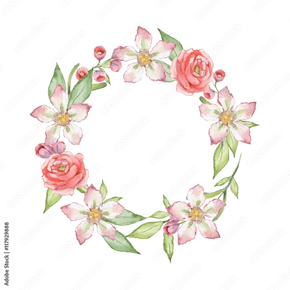 Blooming garden. Watercolor floral wreath 6.  Decorative round frame