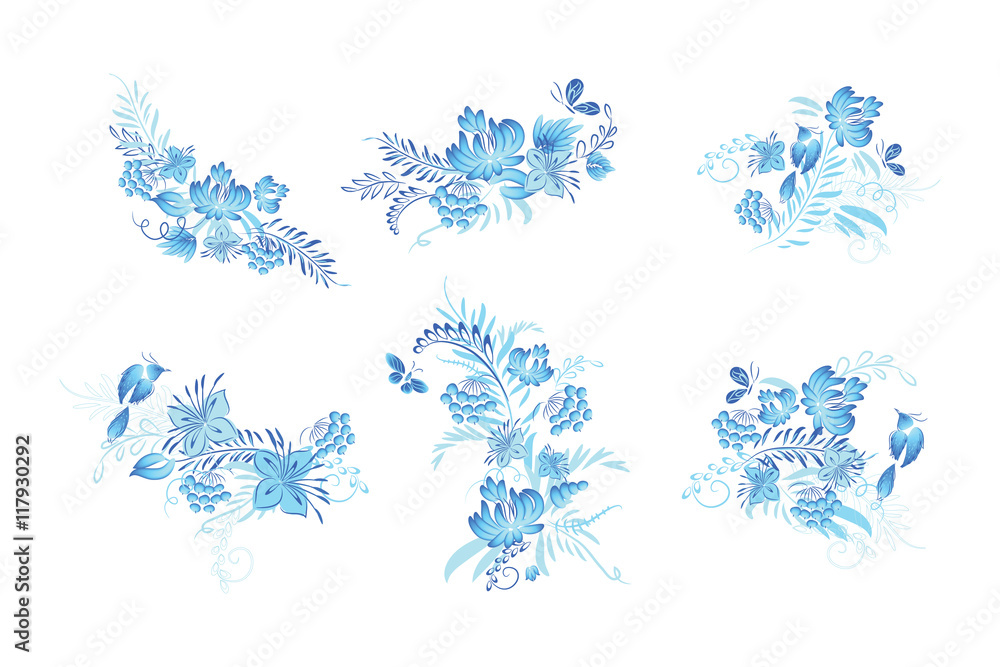Set of blue flowers and bird Set of blue flowers and bird