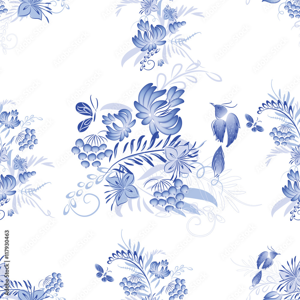 Set of blue flowers and bird Set of blue flowers and bird