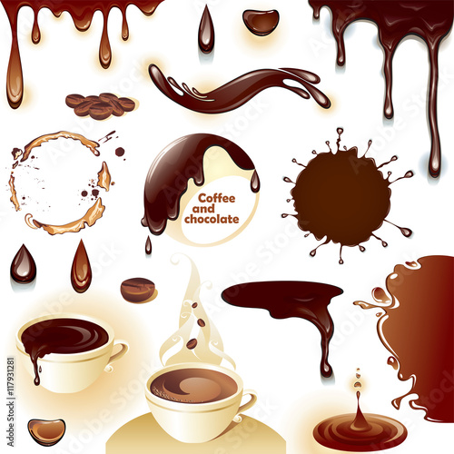 Coffee and chocolate. Set of drops and splashes. Vector illustration.