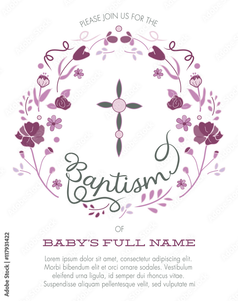 Girl's Baptism, Christening Invitation with Cross Design and Flowers Vector Stock Vector