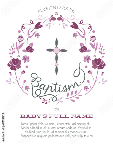 Girl's Baptism, Christening Invitation with Cross Design and Flowers - Vector 