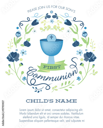 Blue and Green Boy's First Holy Communion Invitation with Chalice and Flowers - Vector 