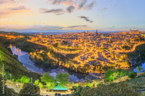 Night view of Toledo cityscape and Tagus River from the hill, Castilla la Mancha, Spain