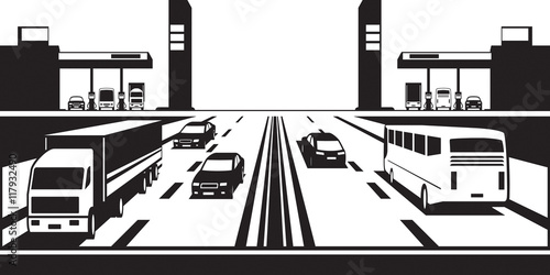 Petrol stations on both sides of the highway - vector illustration