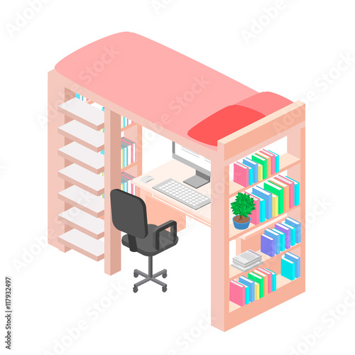 Isometric workplace for child. child Room. Loft bed with table chair and books. Flat 3D illustration.