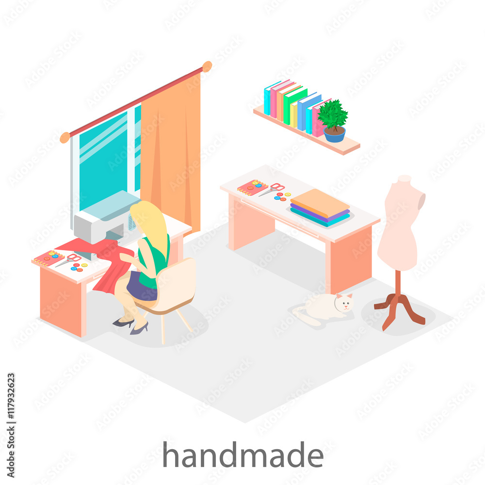 woman sews on the sewing machine. Isometric room interior. woman sews on the sewing machine. Isometric room interior.