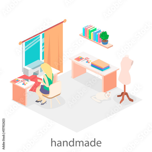 woman sews on the sewing machine. Isometric room interior.