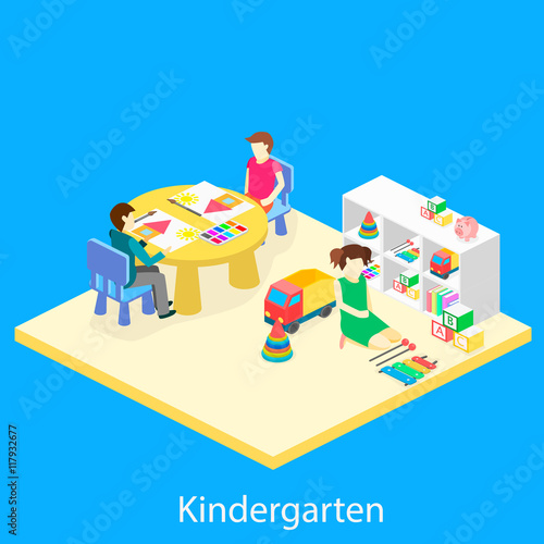 Isometric interior of room in the kindergarten. Children draw
