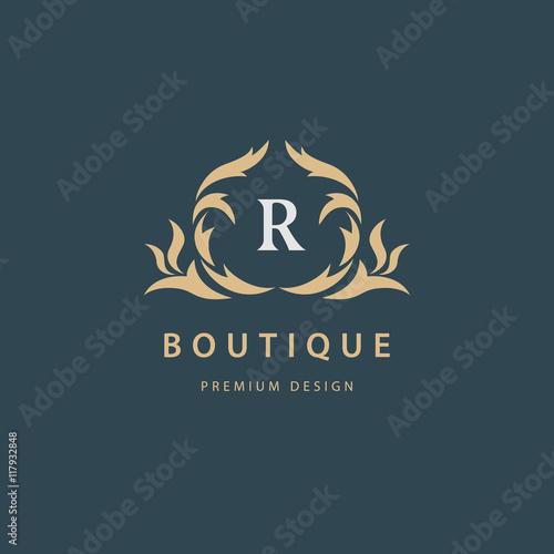 Luxury Logo template flourishes calligraphic elegant ornament emblem. Letter R. Business sign, identity for Restaurant, Royalty, Boutique, Hotel, Heraldic, Jewelry, Fashion, Cafe. Vector illustration
