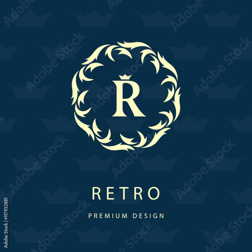 Luxury Vintage logo. Business sign, label, Letter emblem R for badge, crest, Restaurant, Royalty, Boutique brand, Hotel, Heraldic, Jewelery, Fashion, Real estate, Resort, tattoo, Auctions. Vector
