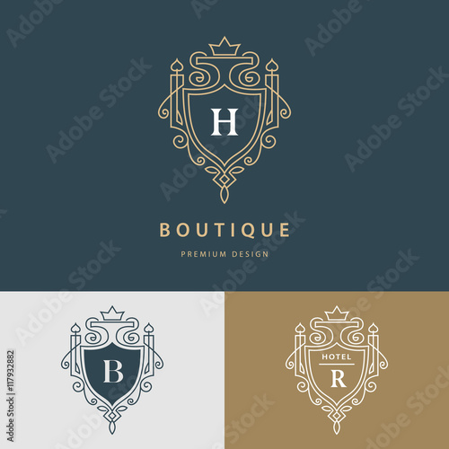Line graphics monogram. Royal art logo design. Letter H, B, R. Graceful template. Business sign, identity for Restaurant, Royalty, Boutique, Cafe, Hotel, Heraldic, Jewelry, Fashion. Vector elements photo