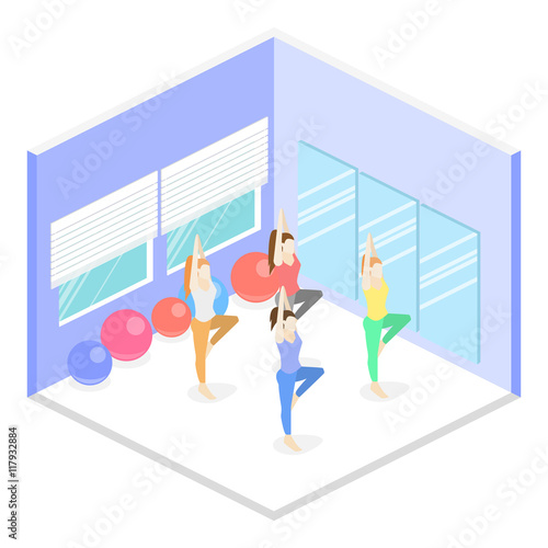 Isometric interior of yoga class. people do yoga.