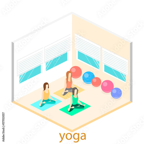 Isometric interior of yoga class. people do yoga
