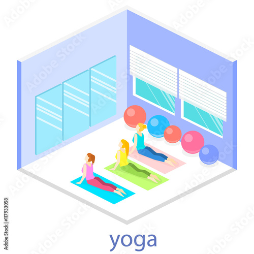 Isometric interior of yoga class. people do yoga