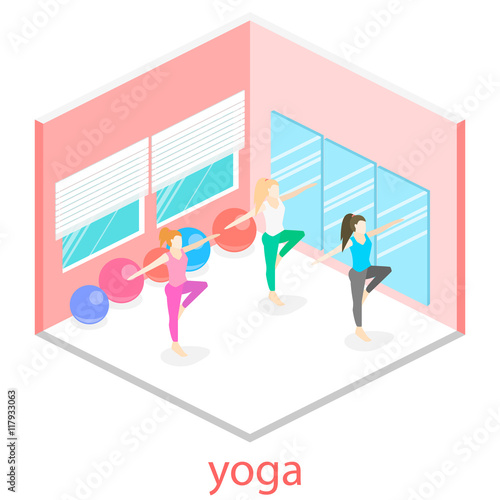 Isometric interior of yoga class. people do yoga