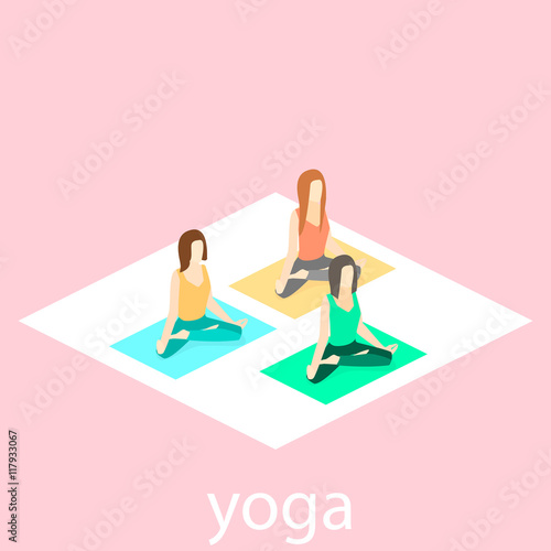 Isometric interior of yoga class. people do yoga