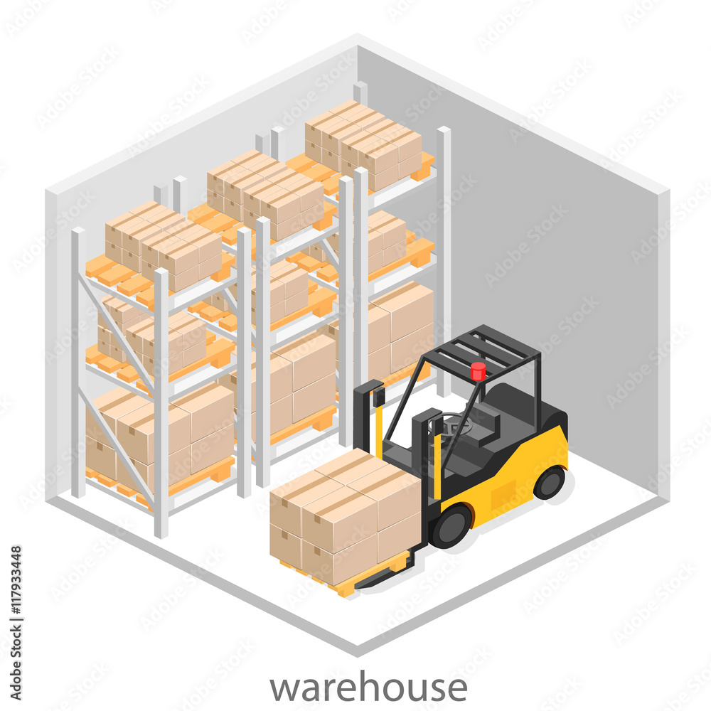 isometric interior of warehouse. The boxes are on the shelves isometric interior of warehouse. The boxes are on the shelves