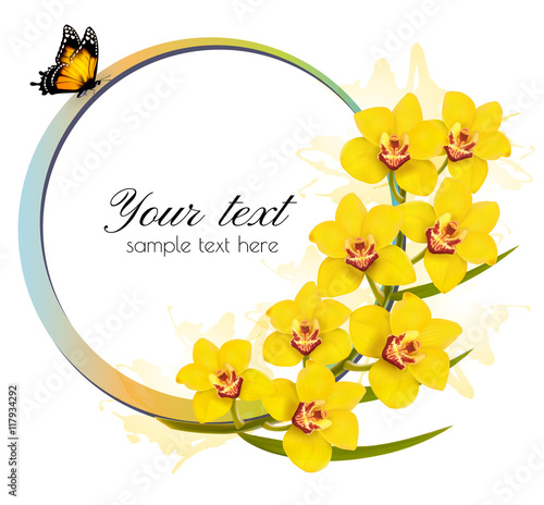 Yellow orchids banner with a butterfly. Vector.