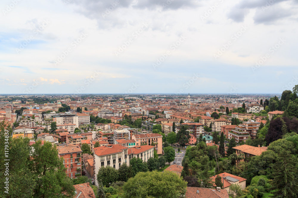 Bergamo cityscape panorama seen from Citta Alta, Italy