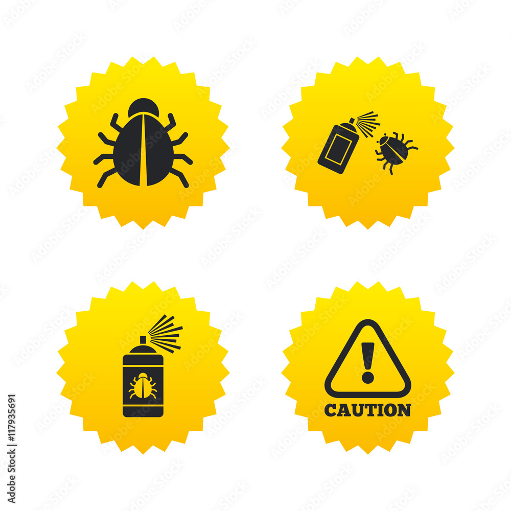 Bug disinfection signs. Caution attention icon.
