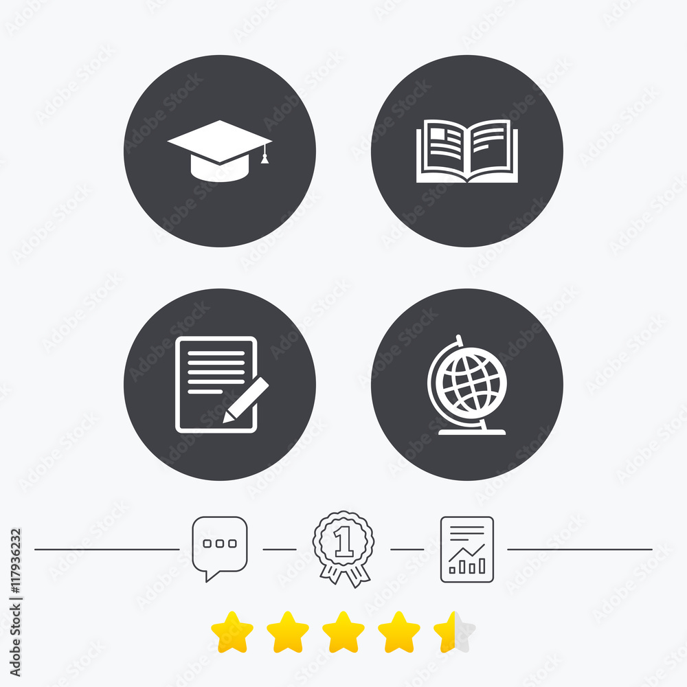 Pencil and open book signs. Graduation cap icon. Pencil and open book signs. Graduation cap icon.