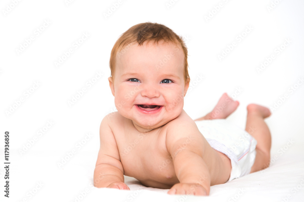 Portrait of a crawling baby on a white background
Portrait of a crawling baby on a white background
