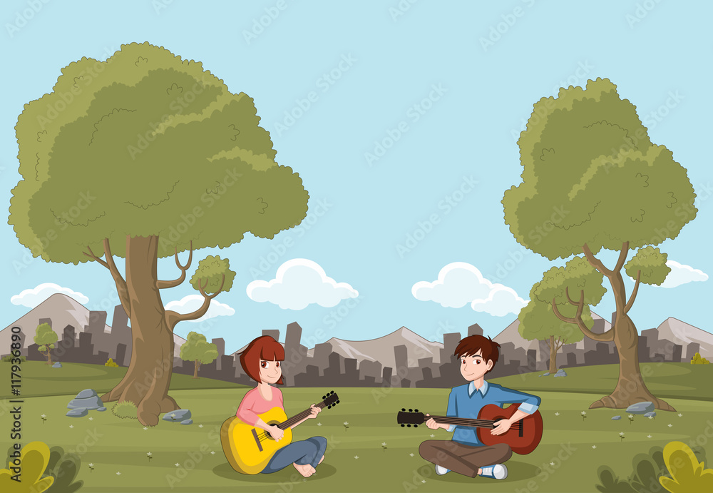 Cartoon teenagers playing guitar on beautiful park. Nature landscape.
