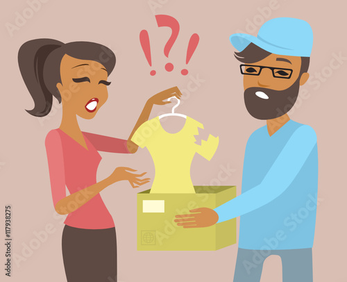 Woman upset by a parcel with defective goods