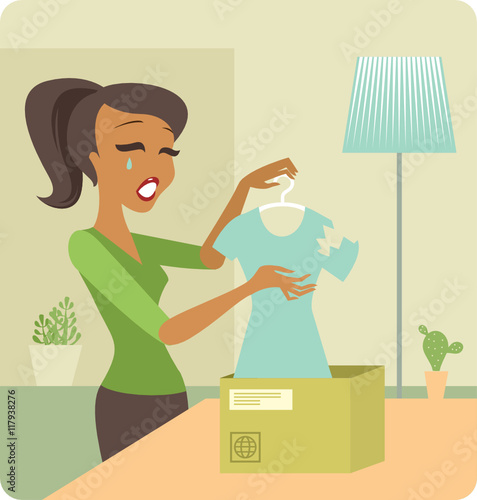 Woman upset by a parcel with defective goods