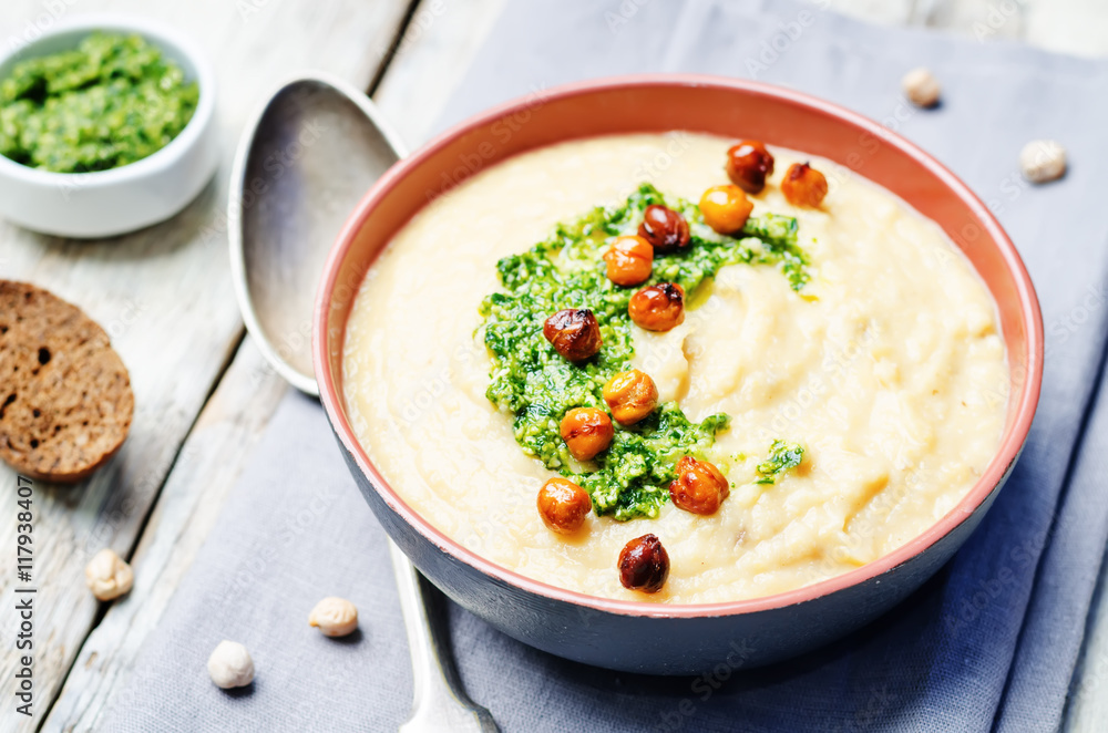 cauliflower chickpea soup with cilantro pesto and roasted chickp