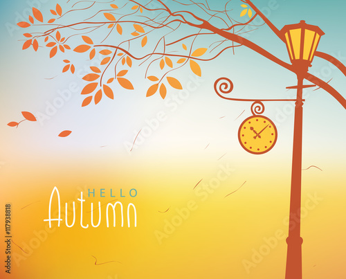 vector autumn landscape with trees in the park and Clock lamp post