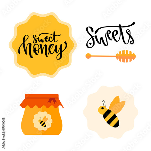 Honey set with calligraphic badge, jar and bee. Vector sweet set