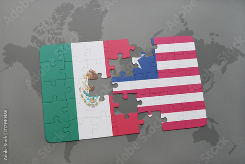 puzzle with the national flag of mexico and liberia on a world map background.