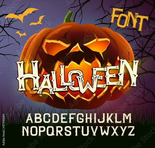 Halloween Font Capital Letters  for  greeting Cards   poster with evil pumpkin
