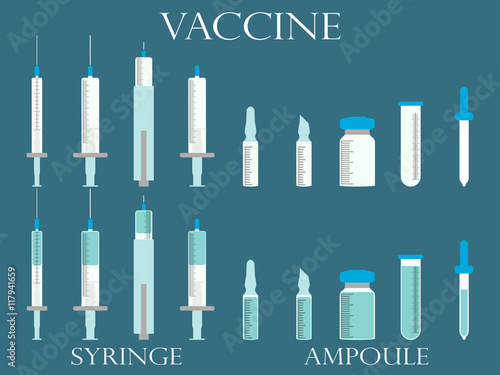 Syringe and vials. Syringe and ampules. Vaccine. Set icons in line style. Vector.