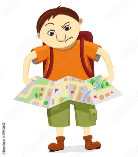 Cartoon funny bewildered tourist with backpack looks at the map and tries to find the way. Isolated reflective traveler lost in voyage. Vector illustration of amusing character on white background.