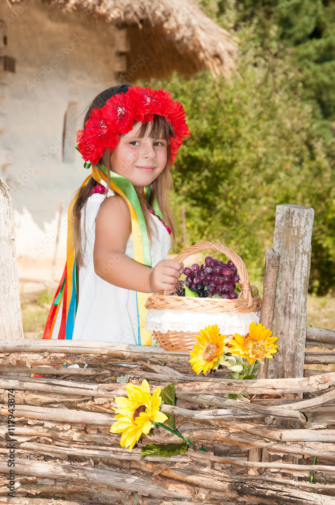 Fototapeta premium Ukrainian girl in a wreath of red flowers and satin ribbons with a basket of apples near the wicker fence